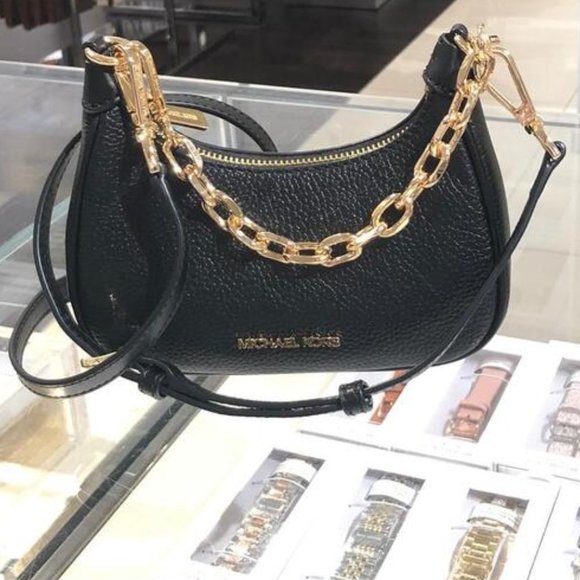 MICHAEL KORS Black Leather Mini Crossbody: Timeless Elegance with Gold Accents